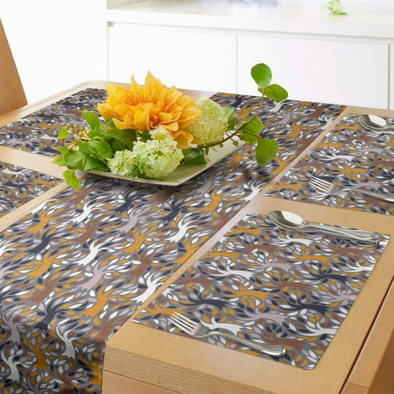Ambesonne Forest Table Runner & Placemats, Tree Branches in Earth Tones, Placemat 4 pcs + Runner 12"x72", Grey and Multicolor