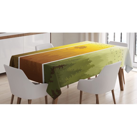 Ambesonne Forest Tablecloth Rectangular Table Cover, Hills Trees and Birds, 52"x70", Green Orange Yellow