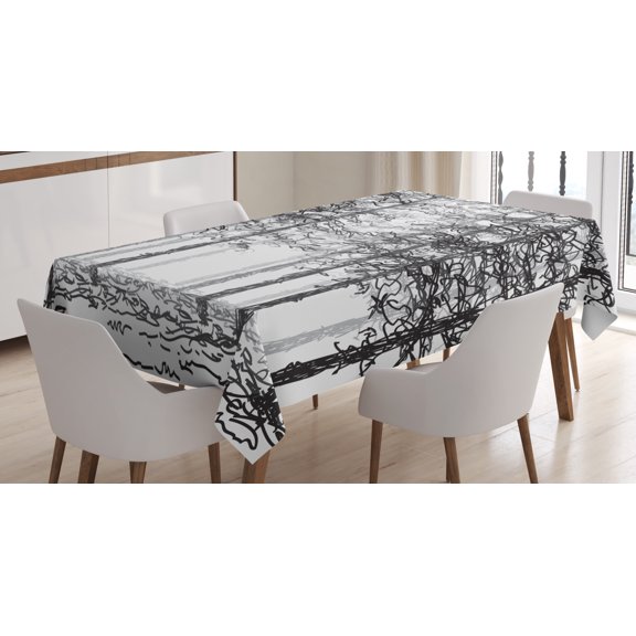 Ambesonne Forest Tablecloth Rectangular Table Cover, Sketch Style Line Art, 60"x84", Black Grey White