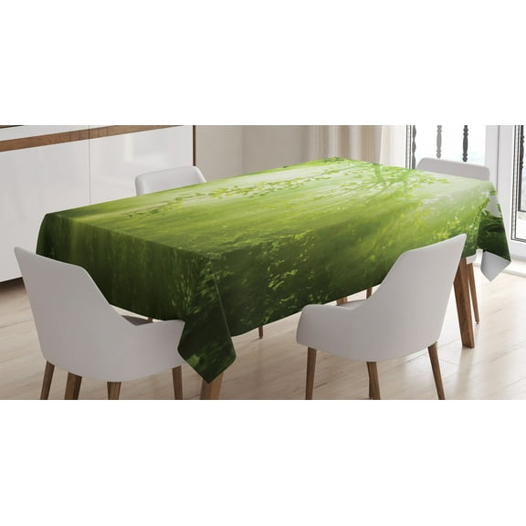 Ambesonne Forest Tablecloth Rectangular Table Cover, Sunbeams in Woodland, 60"x84", Green