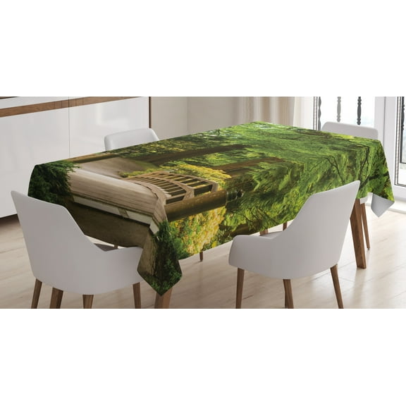 Ambesonne Forest Tablecloth Rectangular Table Cover, Wooden Bridge over Pond, 60"x84", Green Brown