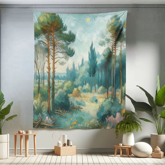 Ambesonne Forest Tapestry Twin Size, Dramatic Brush Stroke Nature, 68"x88", Cadet Blue Green Amber