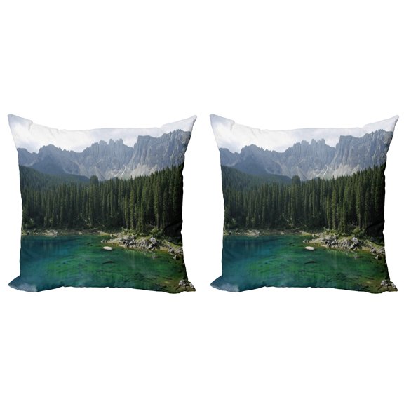 Ambesonne Forest Throw Pillow Cover 2 Pack, Aerial View Pines Lake, 16", Dark Green Jade Green