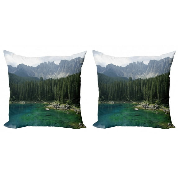 Ambesonne Forest Throw Pillow Cover 2 Pack, Aerial View Pines Lake, 18", Dark Green Jade Green