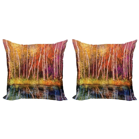 Ambesonne Forest Throw Pillow Cover 2 Pack, Autumn Trees by Lake, 24", Grink Purple