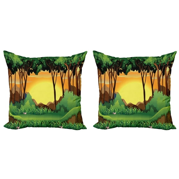 Ambesonne Forest Throw Pillow Cover 2 Pack, Cartoon Sunset Hills, 16", Green Caramel Yellow