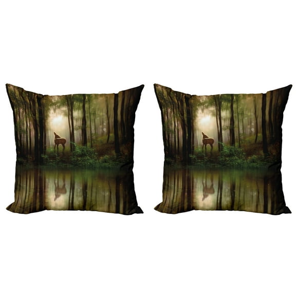 Ambesonne Forest Throw Pillow Cover 2 Pack, Deer Foggy Lake, 16", Fern Green Brown Cocoa