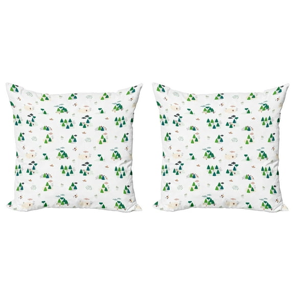 Ambesonne Forest Throw Pillow Cover 2 Pack, Doodle Style Woodland Items, 20", Petrol Blue Green
