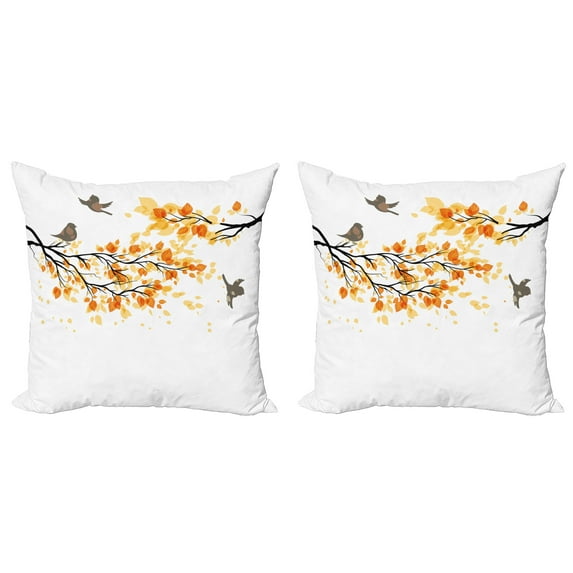 Ambesonne Forest Throw Pillow Cover 2 Pack, Flying Birds and Leaves, 18", Yellow and Cream