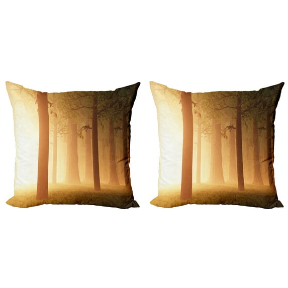 Ambesonne Forest Throw Pillow Cover 2 Pack, Foggy Woodland, 16", Tan