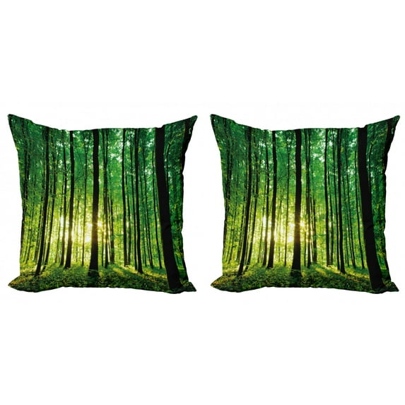 Ambesonne Forest Throw Pillow Cover 2 Pack, Green Woodland Sunrise, 18", Green Black Yellow