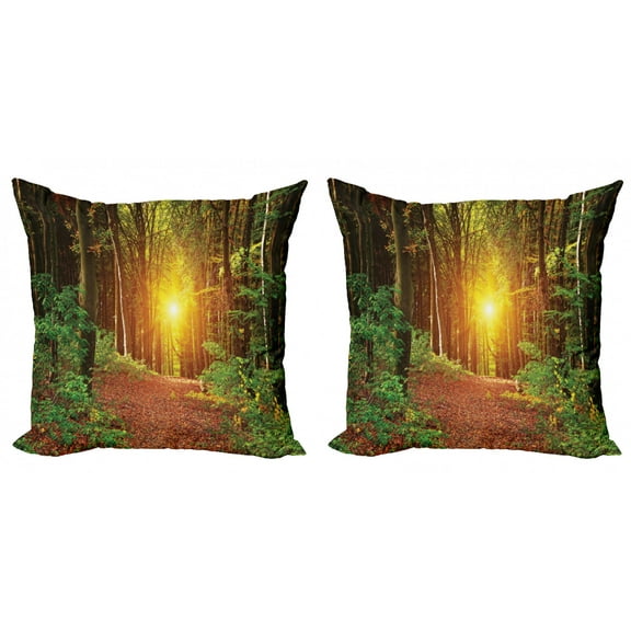 Ambesonne Forest Throw Pillow Cover 2 Pack, Pathway to Timberland, 20", Green Brown