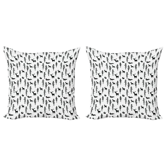Ambesonne Forest Throw Pillow Cover 2 Pack, Pine Trees Rabbit Animal, 24", Black White