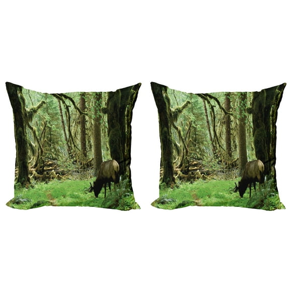 Ambesonne Forest Throw Pillow Cover 2 Pack, Roosevelt Elk in Park, 24", Green Brown