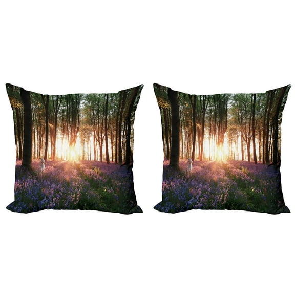 Ambesonne Forest Throw Pillow Cover 2 Pack, Sunrise Woods in Spring, 18", Purple Green