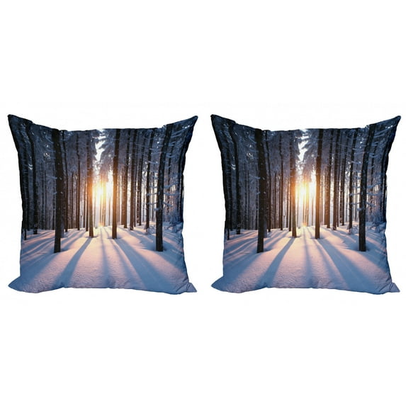 Ambesonne Forest Throw Pillow Cover 2 Pack, Sunset at Wintertime, 24", Brown White