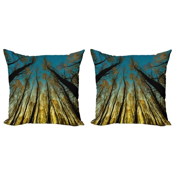 Ambesonne Forest Throw Pillow Cover 2 Pack, Trees Sunrise Pastoral, 24", Yellow Blue Black