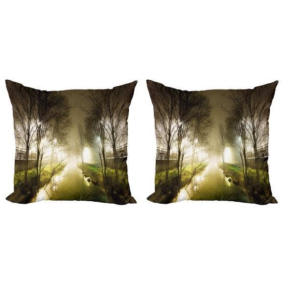 Ambesonne Forest Throw Pillow Cover 2 Pack, Water Channel Foggy City, 18", White Green Brown