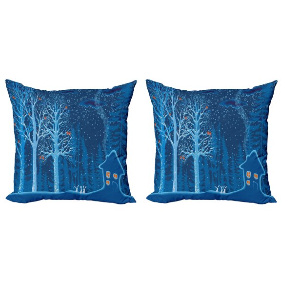 Ambesonne Forest Throw Pillow Cover 2 Pack, Winter Scenery with Show, 16", Orange Violet Blue