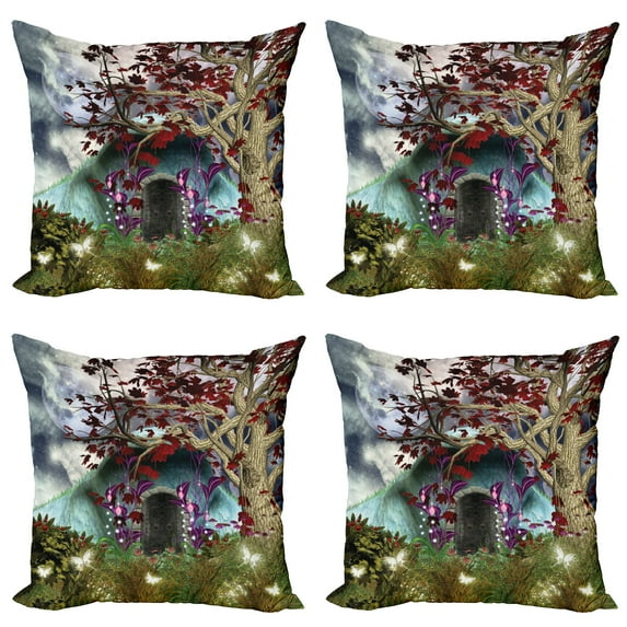 Ambesonne Forest Throw Pillow Cover 4 Pack, Abstract Goth Tree and Cave, 24", Multicolor