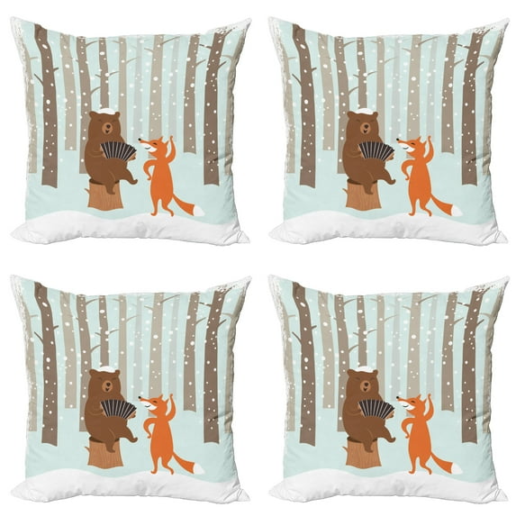 Ambesonne Forest Throw Pillow Cover 4 Pack, Bear with Accordion Fox, 16", Multicolor