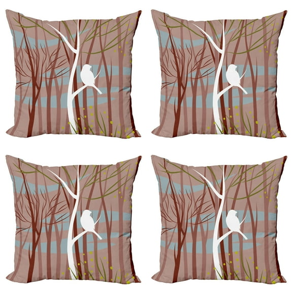 Ambesonne Forest Throw Pillow Cover 4 Pack, Bird on Leafless Branch, 18", Multicolor