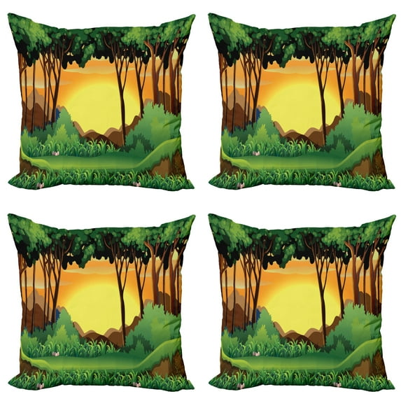 Ambesonne Forest Throw Pillow Cover 4 Pack, Cartoon Sunset Hills, 20", Green Caramel Yellow