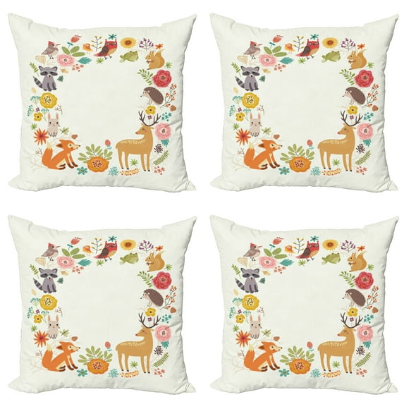 Ambesonne Forest Throw Pillow Cover 4 Pack, Cartoon Wildlife Pattern, 24", Multicolor