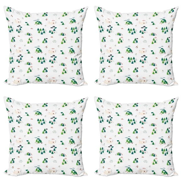 Ambesonne Forest Throw Pillow Cover 4 Pack, Doodle Style Woodland Items, 24", Petrol Blue Green