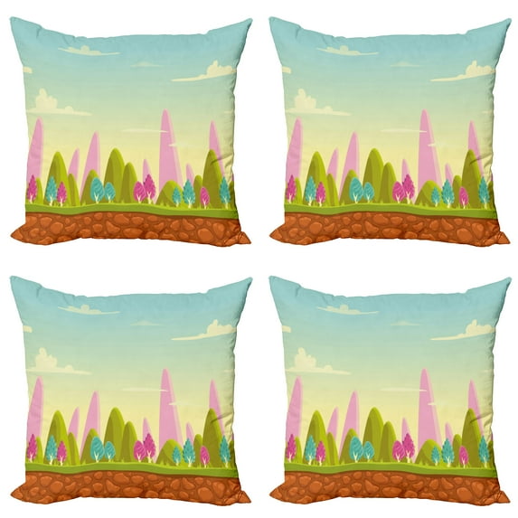 Ambesonne Forest Throw Pillow Cover 4 Pack, Fantasy Cartoon Illustration, 20", Multicolor