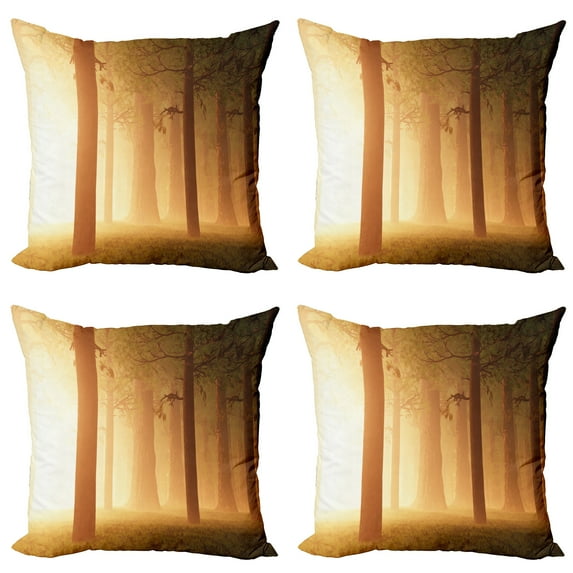 Ambesonne Forest Throw Pillow Cover 4 Pack, Foggy Woodland, 20", Tan