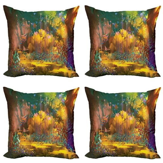 Ambesonne Forest Throw Pillow Cover 4 Pack, Hypnotic Jungle Plants, 16", Multicolor