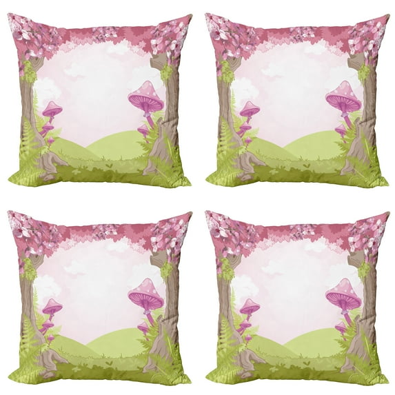 Ambesonne Forest Throw Pillow Cover 4 Pack, Land Blooms, 24", Green Pink Brown