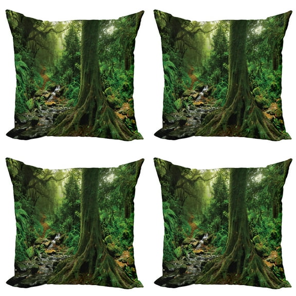 Ambesonne Forest Throw Pillow Cover 4 Pack, Moss on Trees Stream, 24", Green