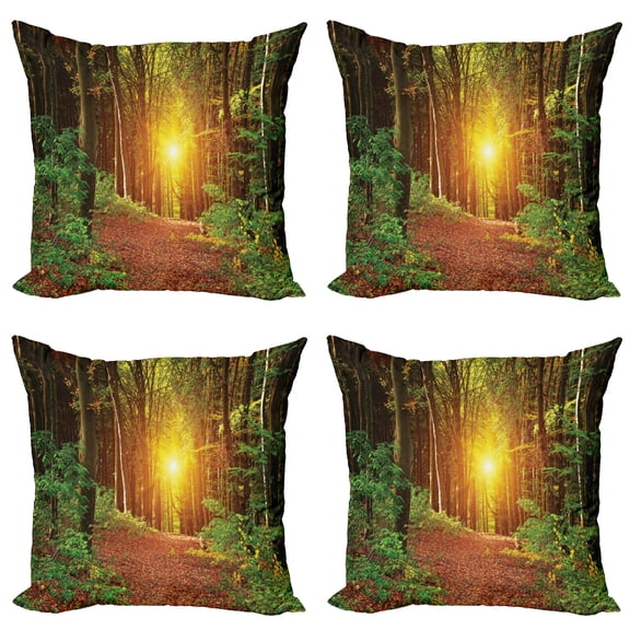 Ambesonne Forest Throw Pillow Cover 4 Pack, Pathway to Timberland, 20", Green Brown
