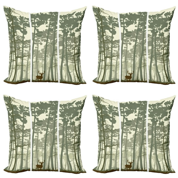 Ambesonne Forest Throw Pillow Cover 4 Pack, Pine Trees Deer Motif, 20", Sage Green Cream Brown