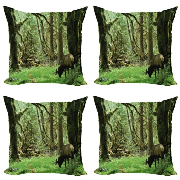 Ambesonne Forest Throw Pillow Cover 4 Pack, Roosevelt Elk in Park, 16", Green Brown
