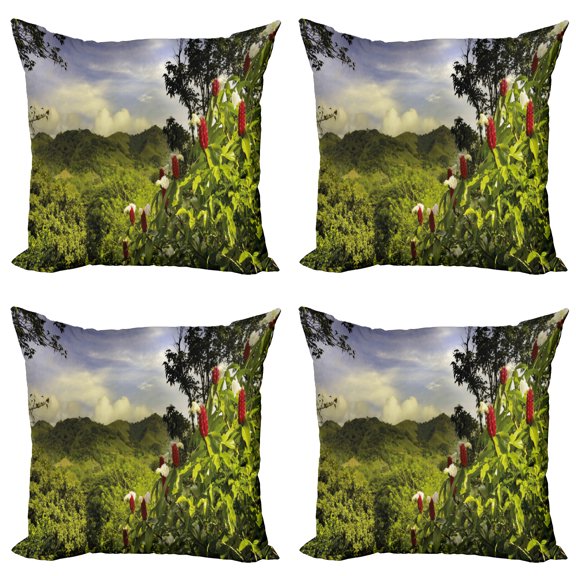 Ambesonne Forest Throw Pillow Cover 4 Pack, Rural Scenery Costa Rica, 16", Green Red Violet Blue