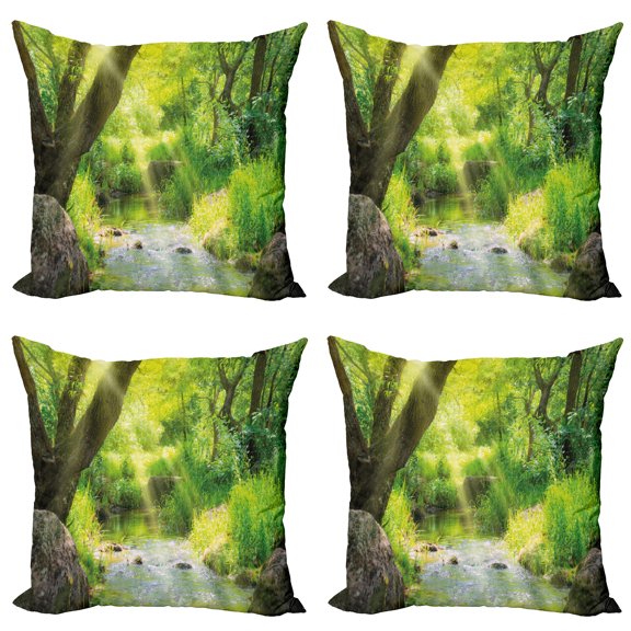 Ambesonne Forest Throw Pillow Cover 4 Pack, Stream Cascade Tropical, 16", Brown Lime Green
