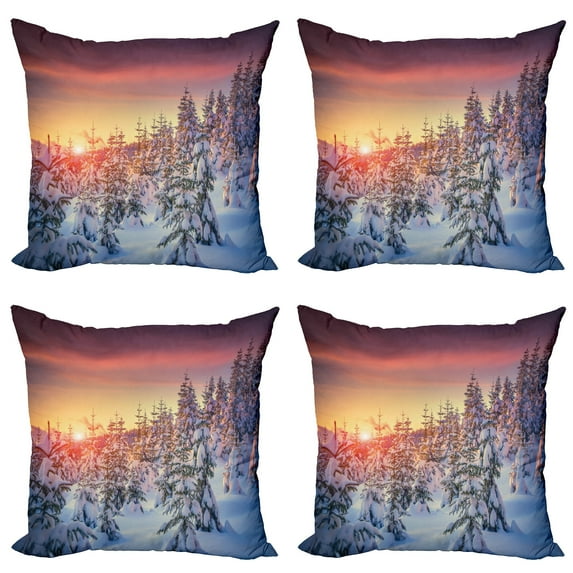 Ambesonne Forest Throw Pillow Cover 4 Pack, Sunrise at Wintertime, 16", White Red