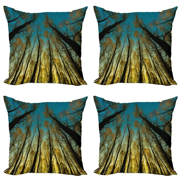 Ambesonne Forest Throw Pillow Cover 4 Pack, Trees Sunrise Pastoral, 18", Yellow Blue Black