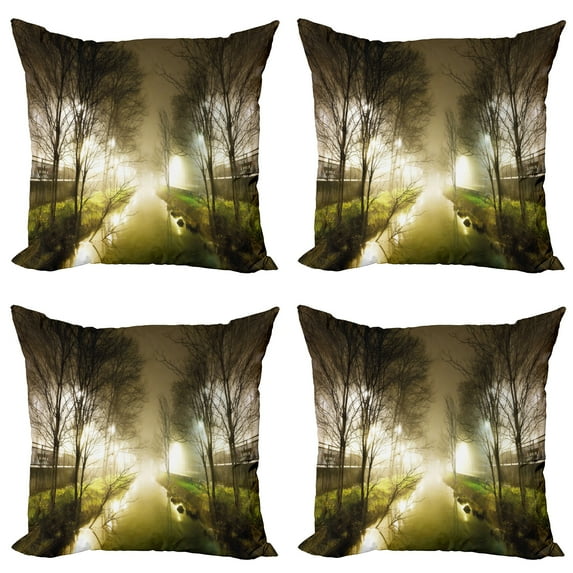 Ambesonne Forest Throw Pillow Cover 4 Pack, Water Channel Foggy City, 24", White Green Brown