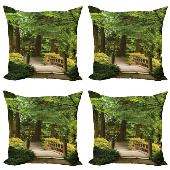 Ambesonne Forest Throw Pillow Cover 4 Pack, Wooden Bridge over Pond, 20", Green Brown