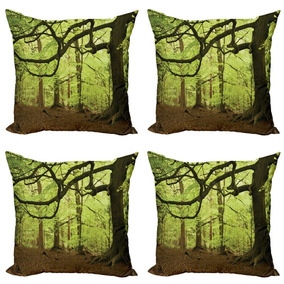Ambesonne Forest Throw Pillow Cover 4 Pack, Woodland Natural Beauty, 16", Green Brown