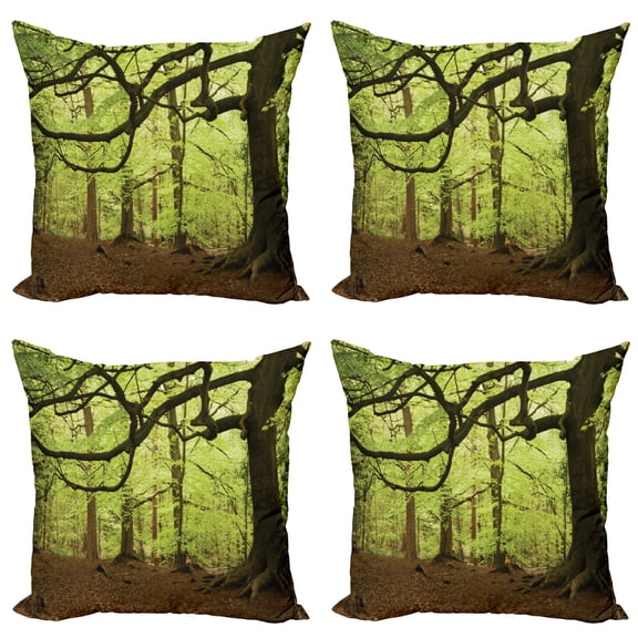 Ambesonne Forest Throw Pillow Cover 4 Pack, Woodland Natural Beauty, 18", Green Brown