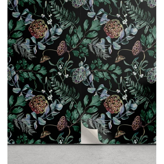 Ambesonne, Forest Vibes Peel & Stick Wallpaper for Home, Night Woodland Leaves, 13"x100", Jade Green and Charcoal Grey