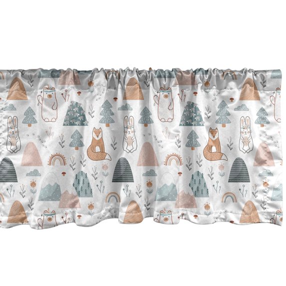 Ambesonne Forest Window Valance, Animals Flower Mountain Art, 54" X 18", Sand Brown Blue Grey