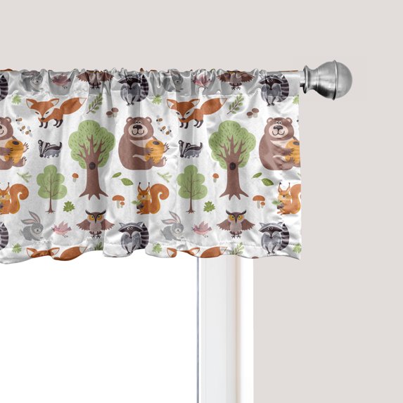 Ambesonne Forest Window Valance, Doodle Woodland Creatures as Honey Bear Rabbit Fox and Raccoon in Nature Habitat, Curtain Valance for Kitchen Bedroom Decor with Rod Pocket, 54" X 18", Multicolor