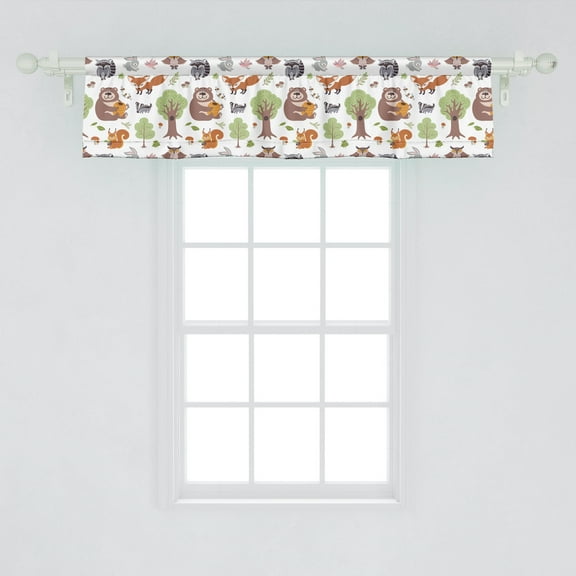 Ambesonne Forest Window Valance, Doodle Woodland Creatures as Honey Bear Rabbit Fox and Raccoon in Nature Habitat, Curtain Valance for Kitchen Bedroom Decor with Rod Pocket, 54" X 12", Multicolor