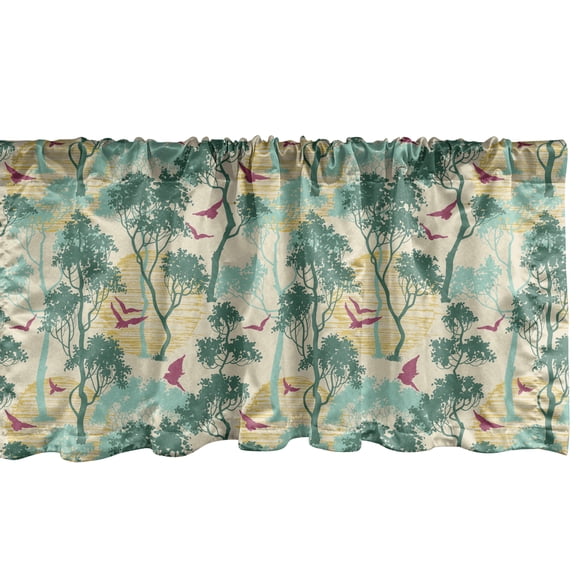 Ambesonne Forest Window Valance, Hand Drawn Trees and Birds, 54" X 12", Grey Yellow Seafoam